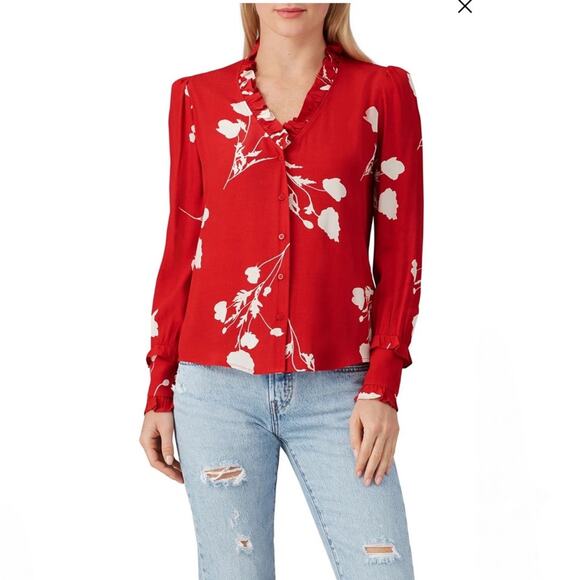 Ba&sh red white floral ruffle button up long sleeve top - Picture 1 of 11